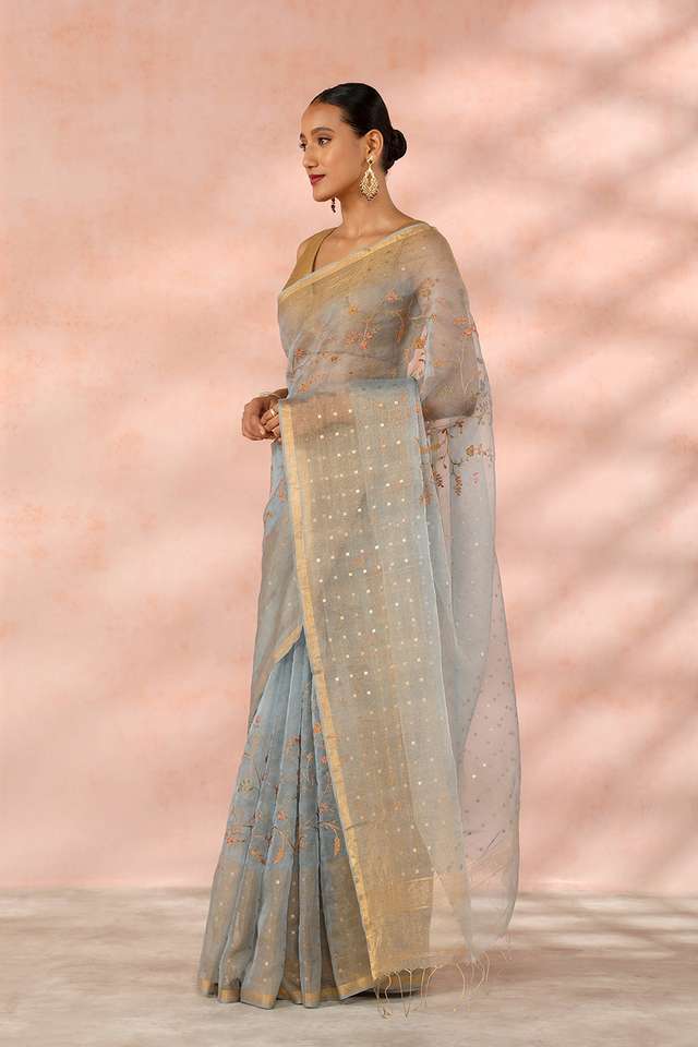 Grey Contemporary Pure Tissue Organza Embroidery Saree thumbnail image number null