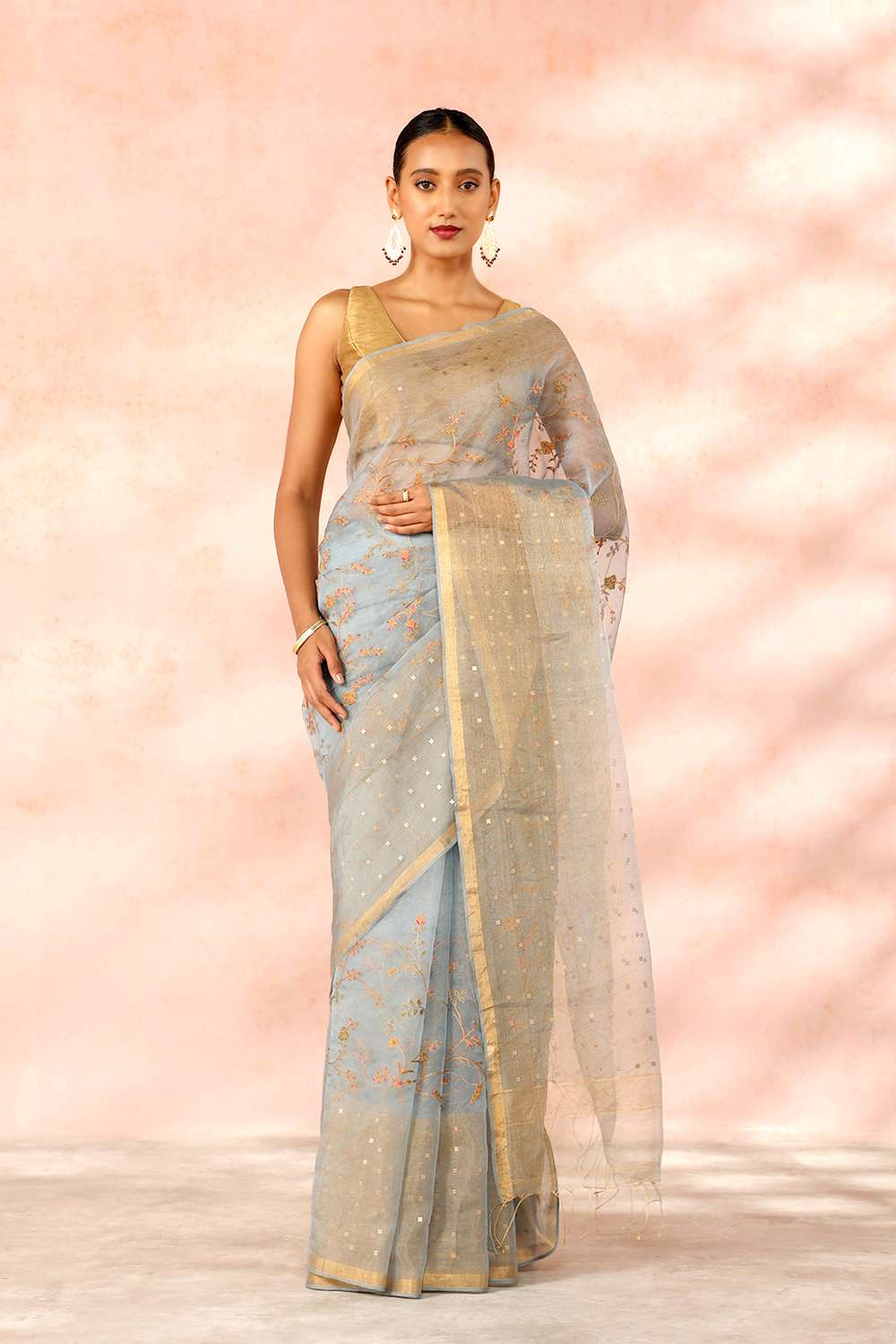Grey Contemporary Pure Tissue Organza Embroidery Saree image number null