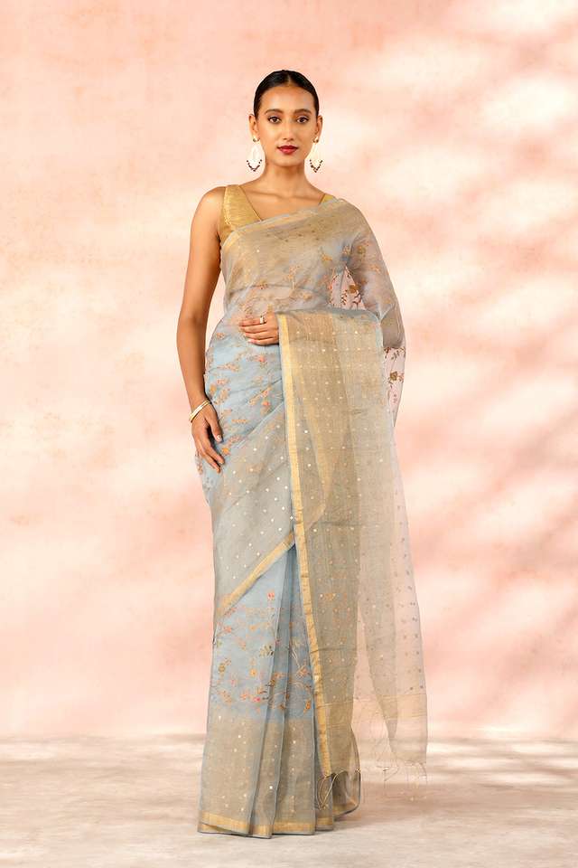 Grey Contemporary Pure Tissue Organza Embroidery Saree thumbnail image number null