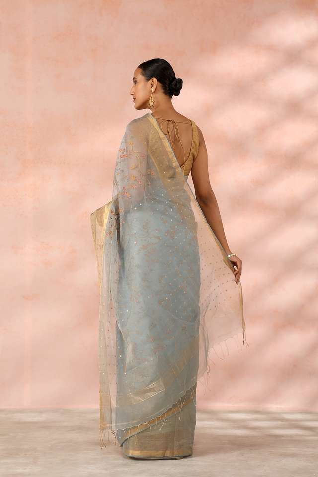 Grey Contemporary Pure Tissue Organza Embroidery Saree thumbnail image number null