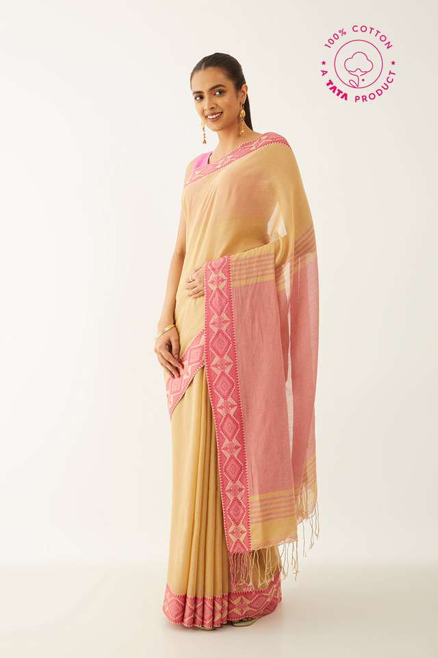 Beige Pure Cotton Woven Design Bengali Saree image number