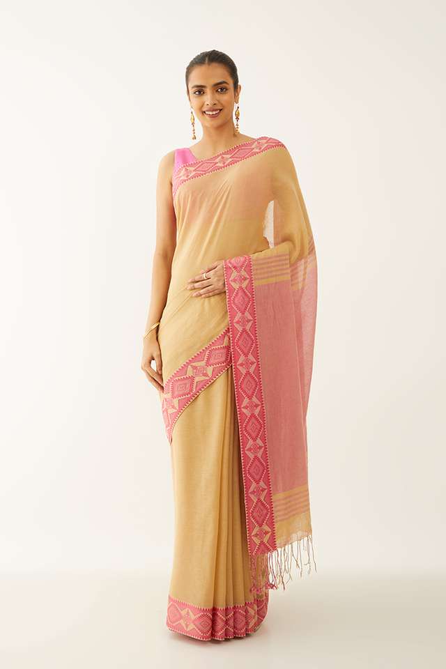 Beige Pure Cotton Woven Design Bengali Saree thumbnail image number null