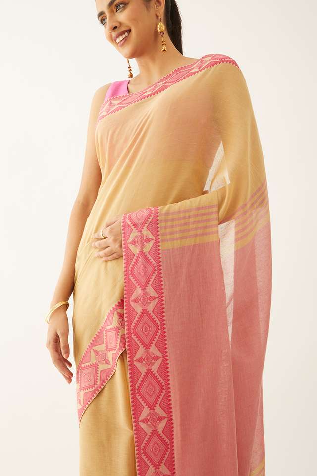 Beige Pure Cotton Woven Design Bengali Saree thumbnail image number null