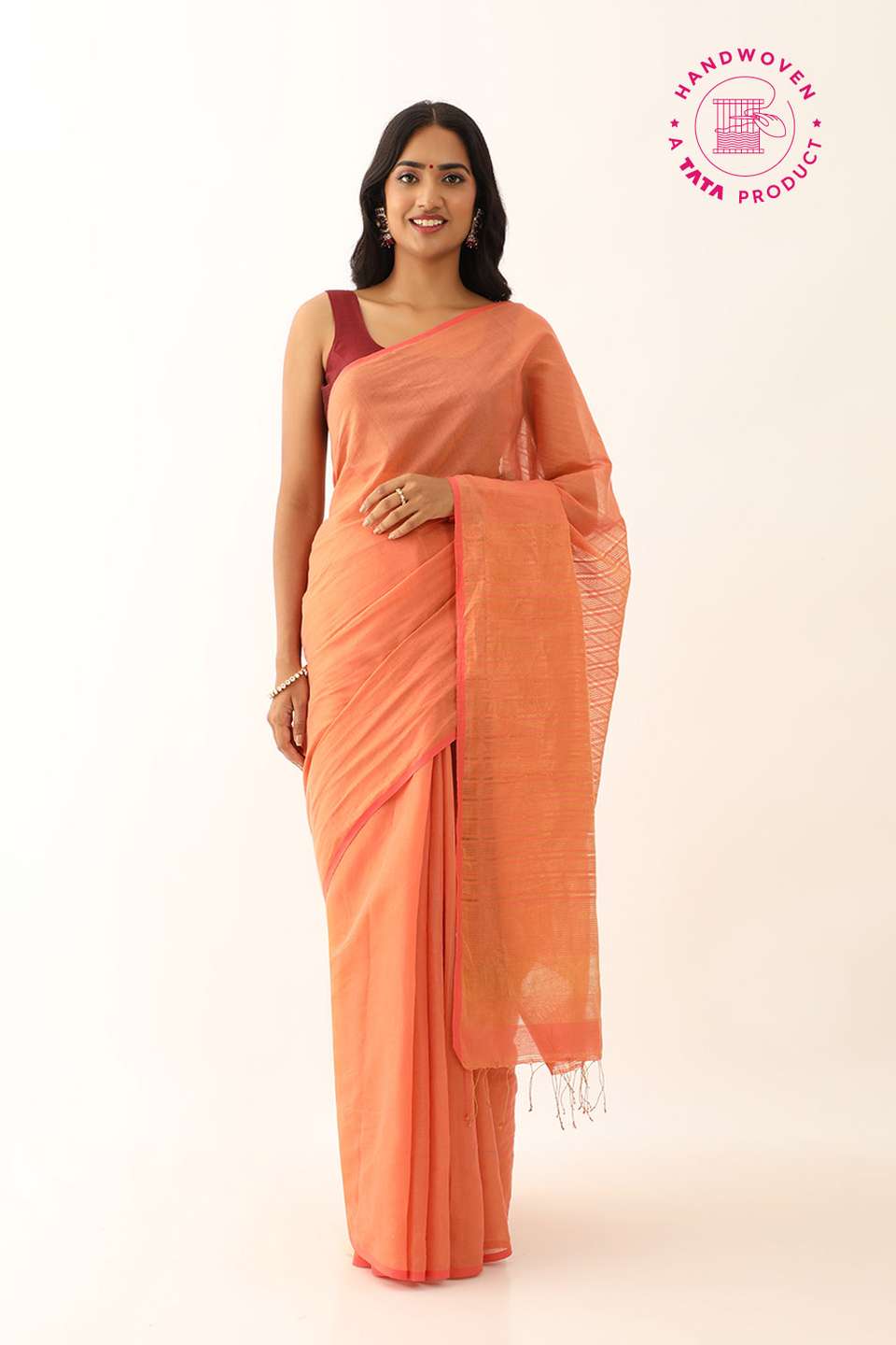 Light Orange Pure Cotton Tissue Woven Bengali Saree
