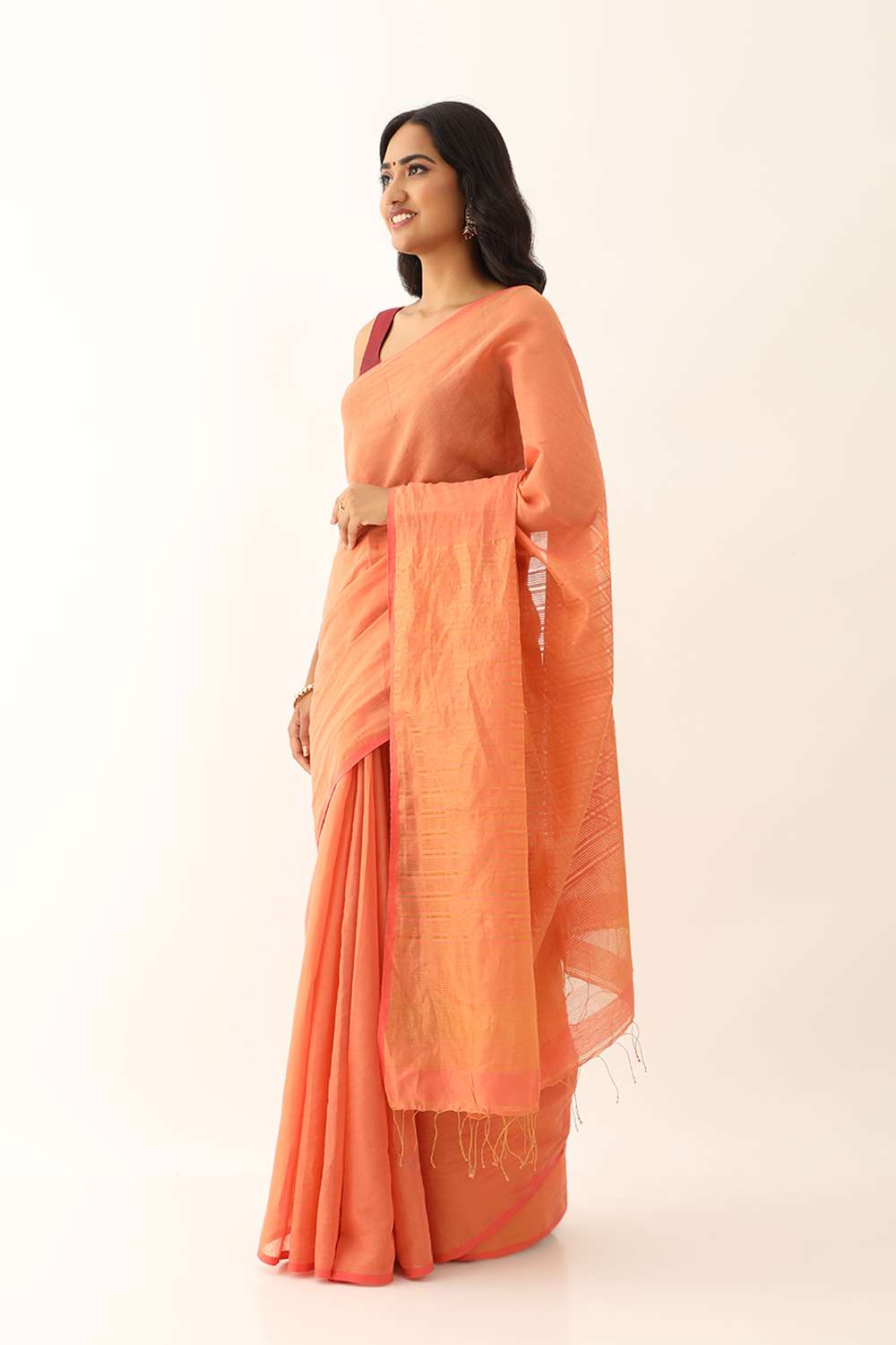Light Orange Pure Cotton Tissue Woven Bengali Saree image number null