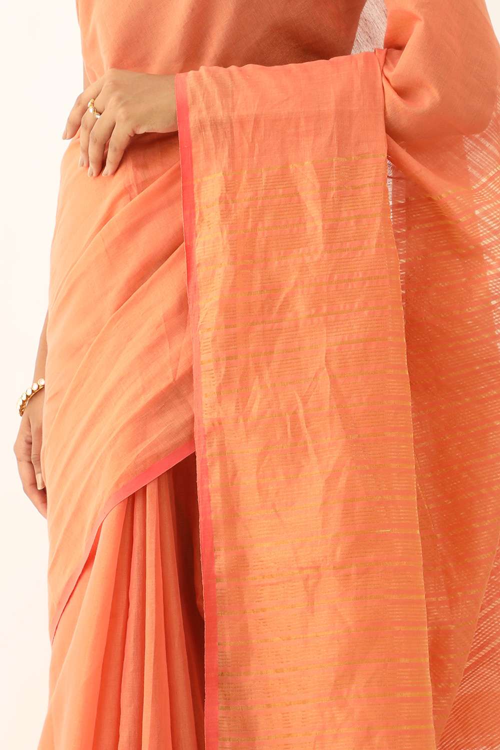Light Orange Pure Cotton Tissue Woven Bengali Saree image number null