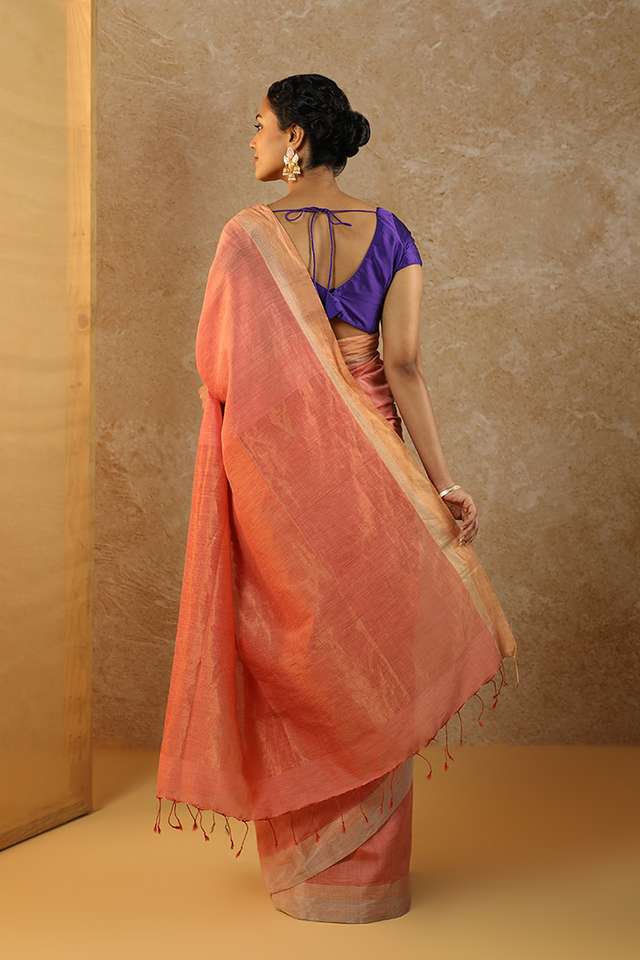 Orange Woven Pure Silk Cotton Bengal Saree thumbnail image number null