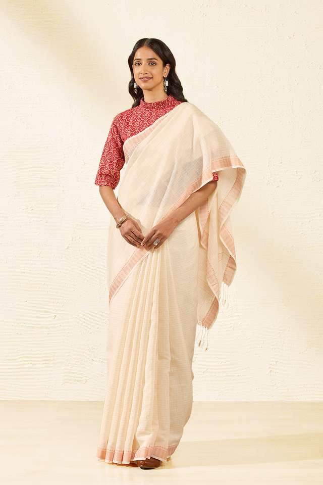 Off White Woven Pure Silk Cotton Bengal Saree thumbnail image number null
