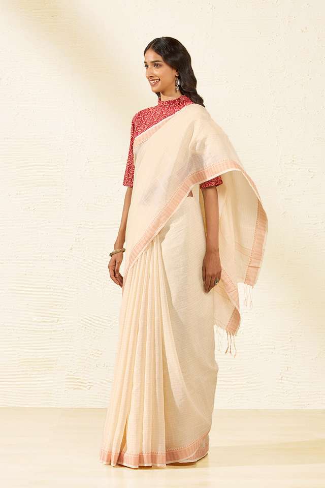 Off White Woven Pure Silk Cotton Bengal Saree thumbnail image number null