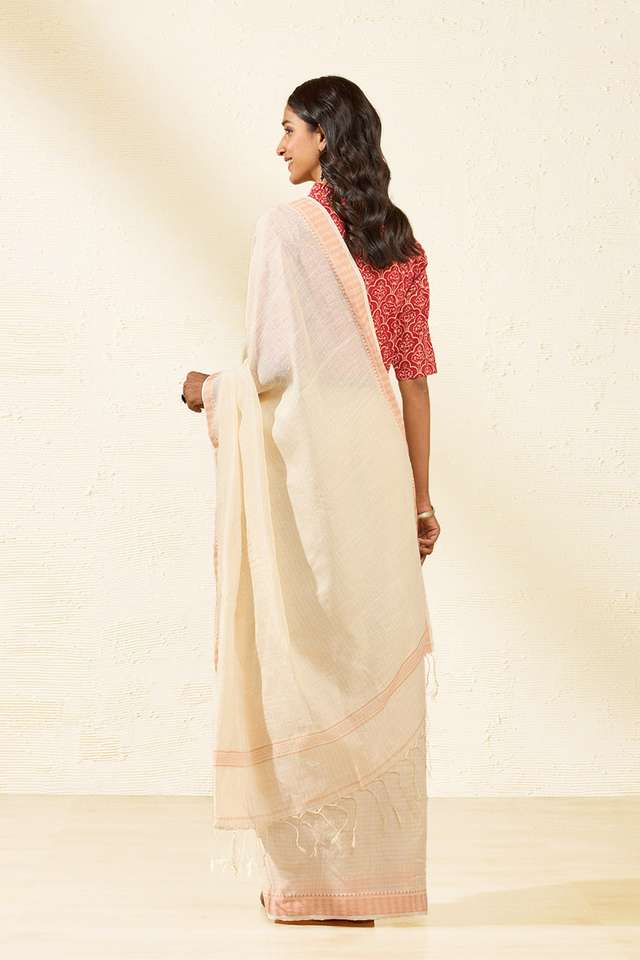 Off White Woven Pure Silk Cotton Bengal Saree thumbnail image number null