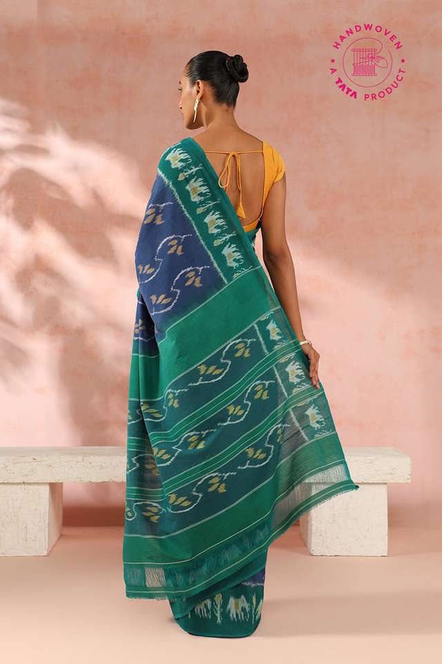 Blue Pure Cotton Pochampalli Ikat Saree image number