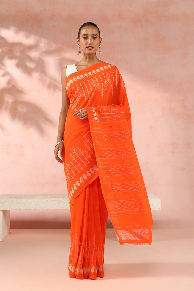 Orange Pure Cotton Pochampalli Ikat Saree thumbnail image number null