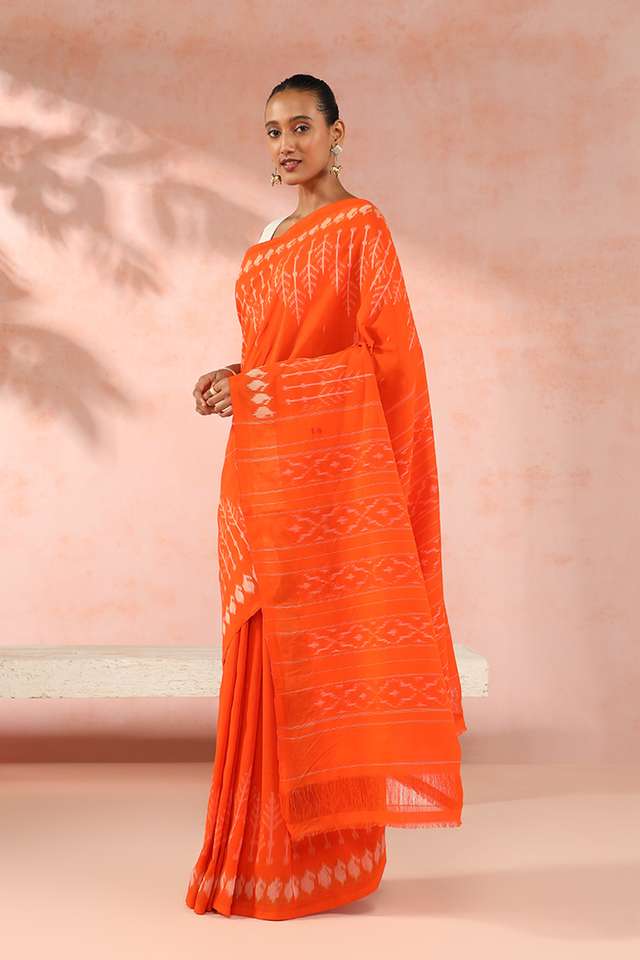 Orange Pure Cotton Pochampalli Ikat Saree thumbnail image number null
