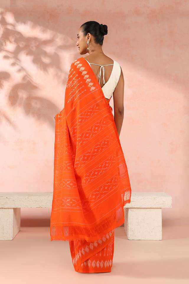 Orange Pure Cotton Pochampalli Ikat Saree thumbnail image number null