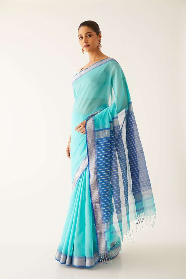 Light Blue Pure Silk Cotton Maheshwari Saree thumbnail image number null