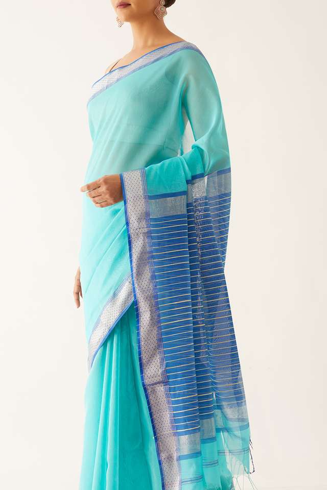 Light Blue Pure Silk Cotton Maheshwari Saree thumbnail image number null