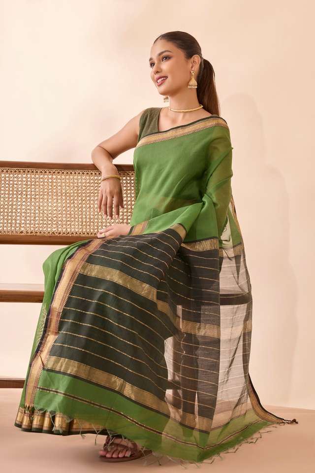 Green Woven Pure Silk Cotton Maheshwari Saree image number