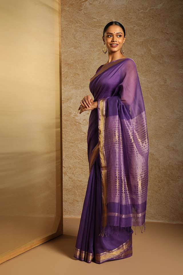 Violet Woven Pure Silk Cotton Maheswari Saree image number