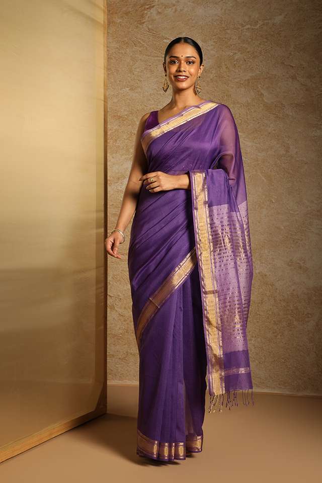 Violet Woven Pure Silk Cotton Maheswari Saree thumbnail image number null