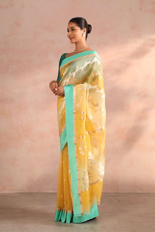 Yellow Pure Silk Organza Kadwa Banarasi Saree thumbnail image number null