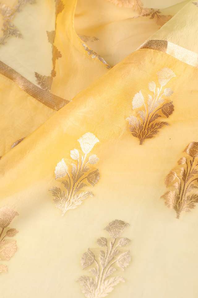 Yellow Pure Silk Organza Kadwa Banarasi Saree thumbnail image number null