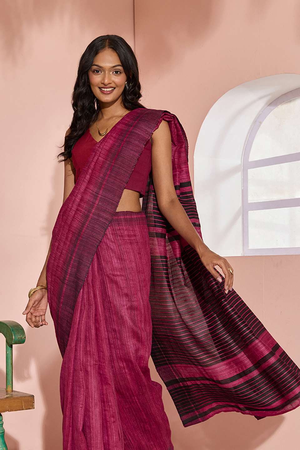 Dark Pink Woven Pure Tussar Silk Bhagalpur Saree
