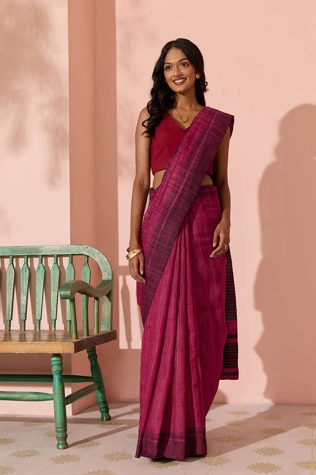 Dark Pink Woven Pure Tussar Silk Bhagalpur Saree thumbnail image number null