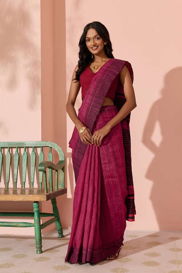 Dark Pink Woven Pure Tussar Silk Bhagalpur Saree thumbnail image number null
