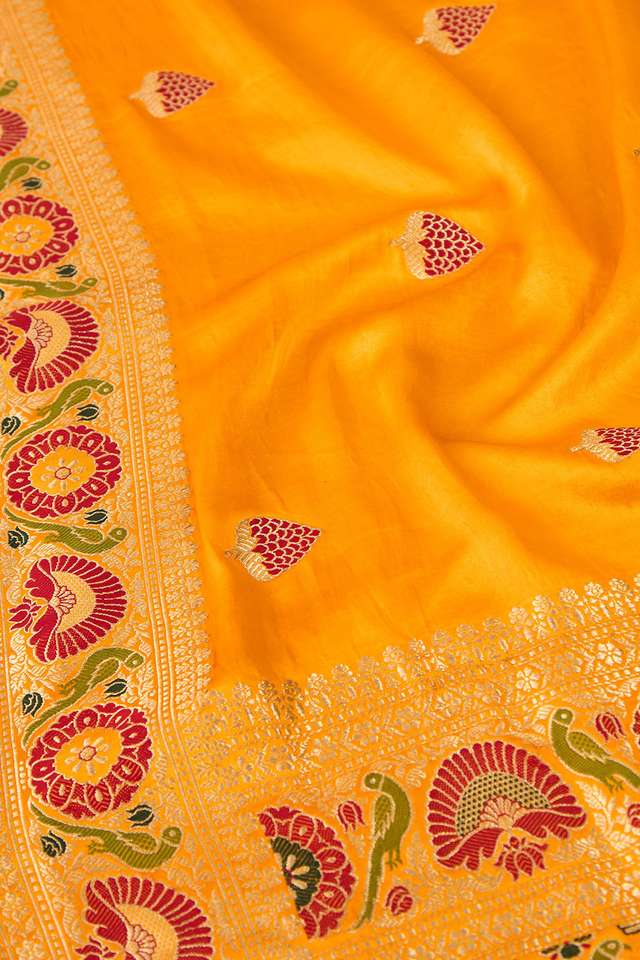 Yellow Pure Silk Kadwa Banarasi Saree thumbnail image number null
