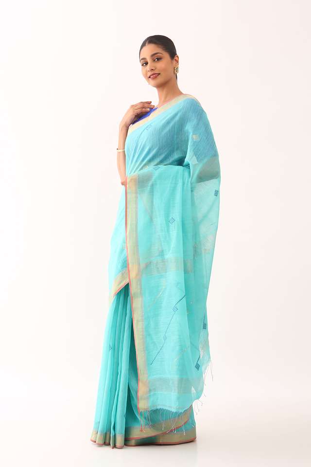 Light Green Bengali Pure Silk Cotton Jamdani Saree thumbnail image number null
