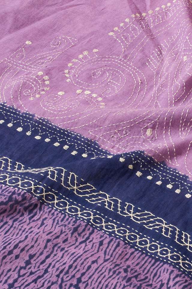 Violet Bengal Pure Cotton Kantha Embroidered Saree thumbnail image number null