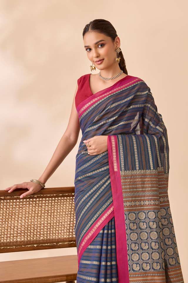 Dark Blue Woven Pure Cotton Saree image number