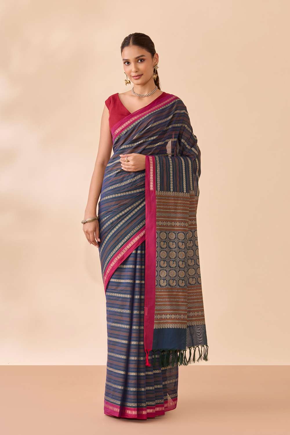 Dark Blue Woven Pure Cotton Saree image number null