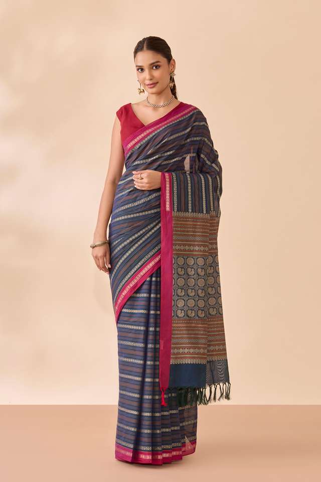 Dark Blue Woven Pure Cotton Saree thumbnail image number null