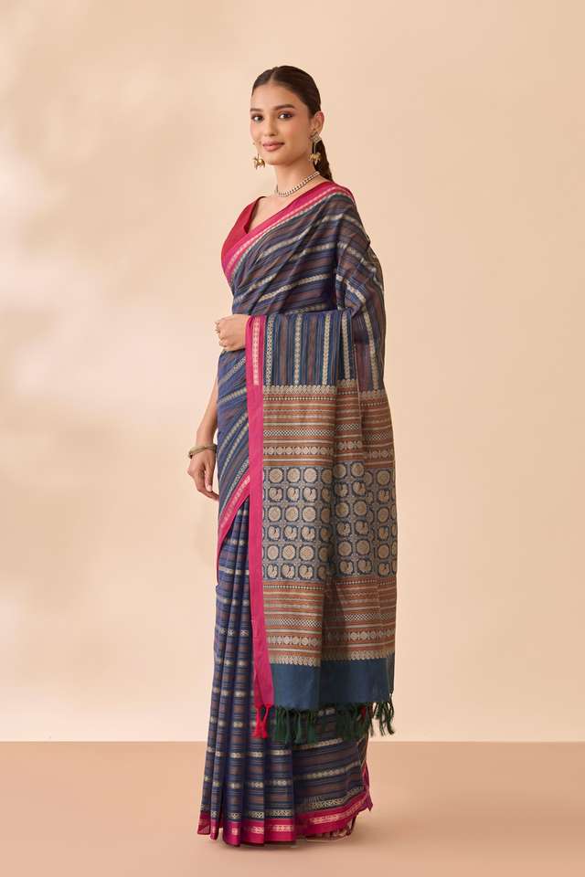 Dark Blue Woven Pure Cotton Saree thumbnail image number null