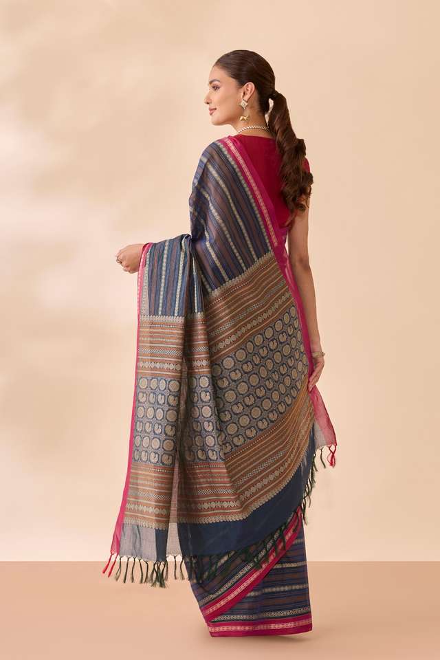 Dark Blue Woven Pure Cotton Saree thumbnail image number null