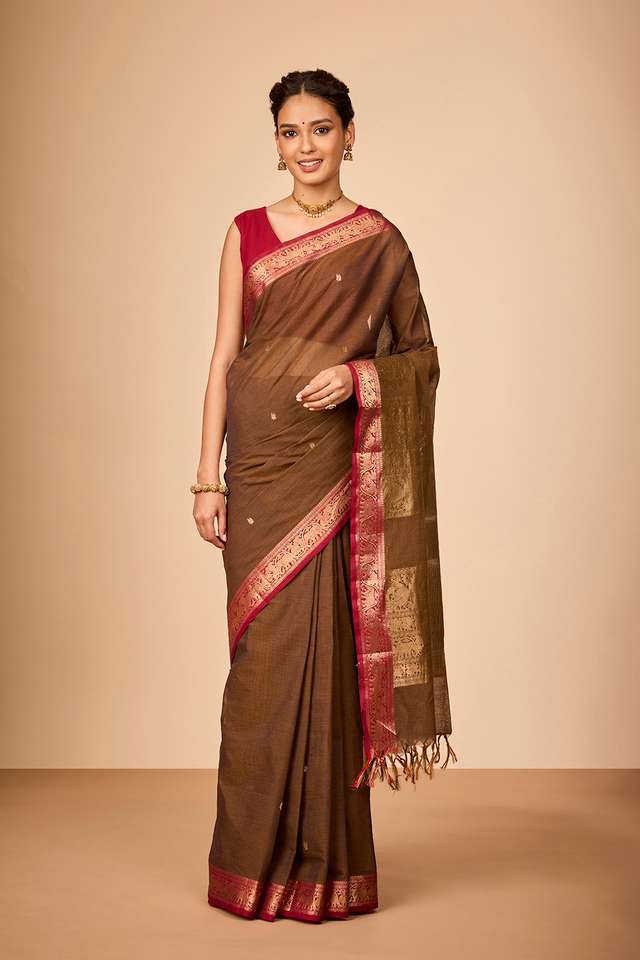 Brown  Woven Pure Cotton Saree thumbnail image number null