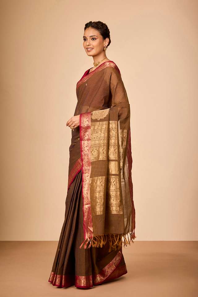 Brown  Woven Pure Cotton Saree thumbnail image number null