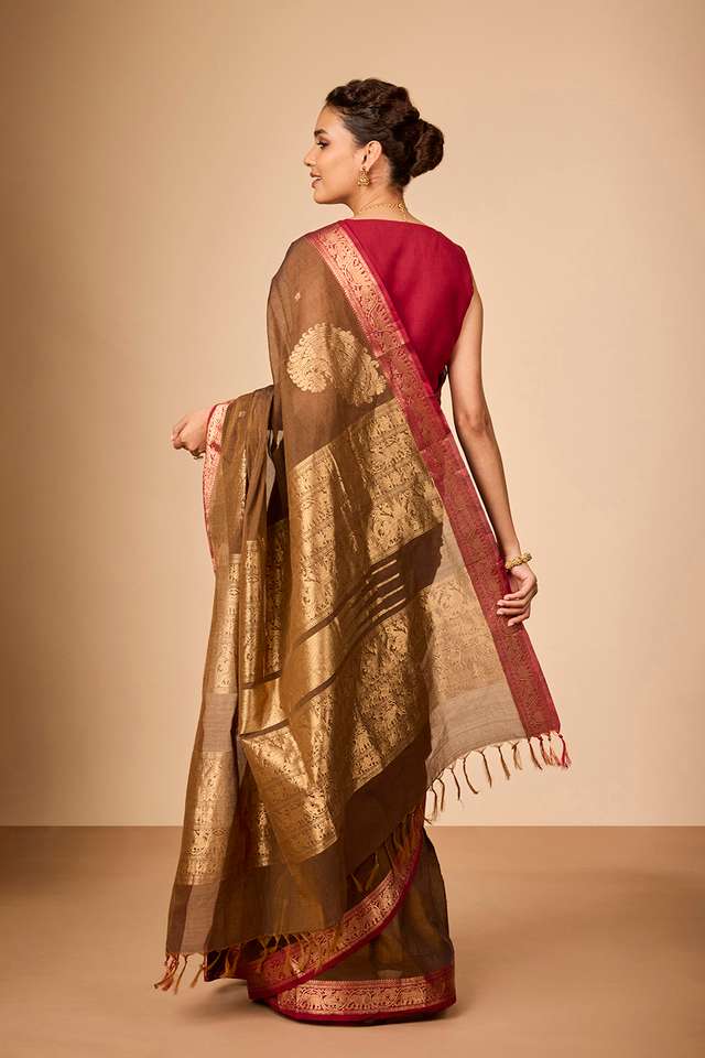 Brown  Woven Pure Cotton Saree thumbnail image number null
