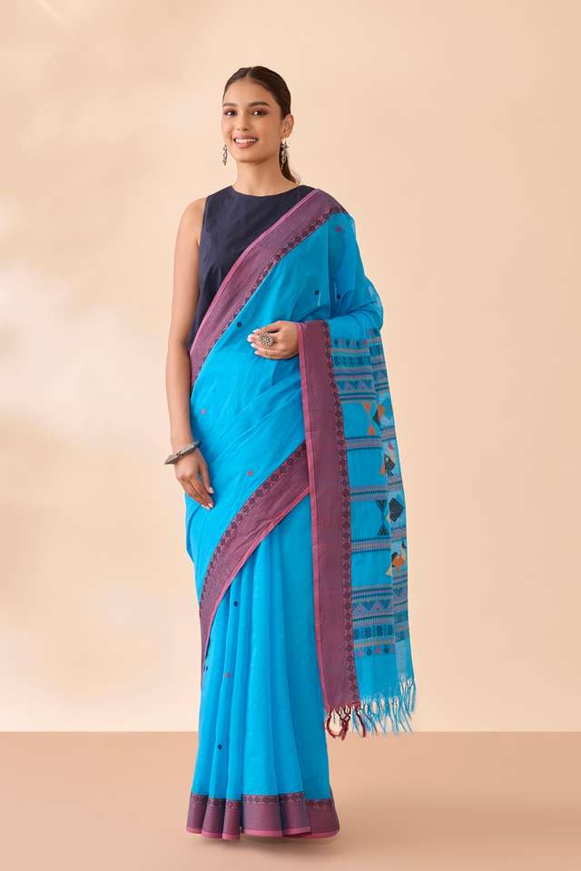 Blue Woven Pure Cotton Saree thumbnail image number null