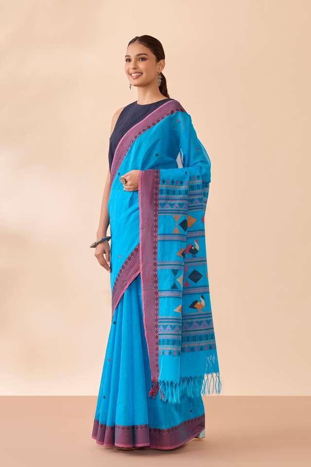 Blue Woven Pure Cotton Saree thumbnail image number null