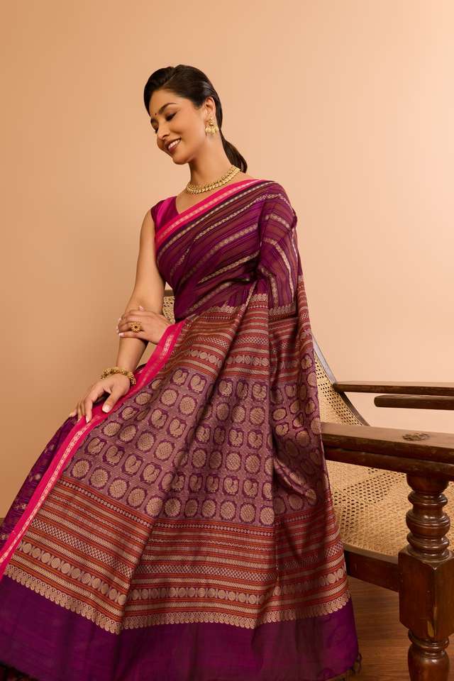 Dark Violet Cotton Woven Saree image number