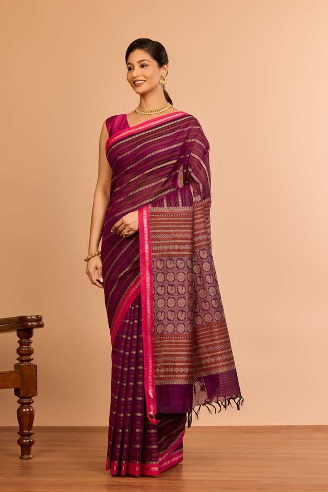 Dark Violet Cotton Woven Saree thumbnail image number null