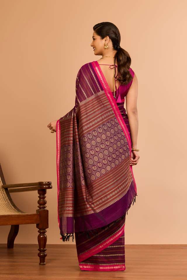 Dark Violet Cotton Woven Saree thumbnail image number null