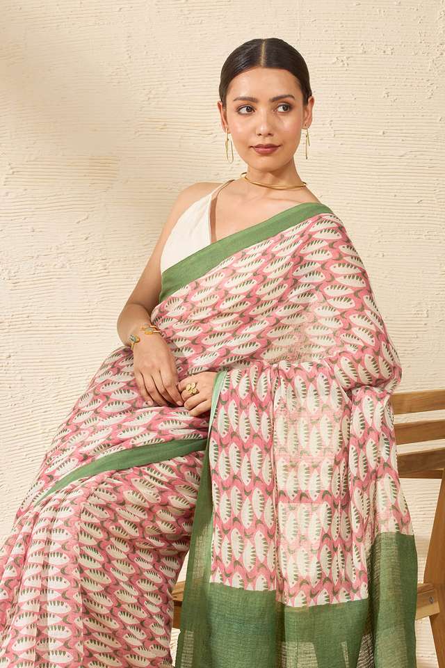 Red Screen Printed Pure Linen Cotton Saree image number