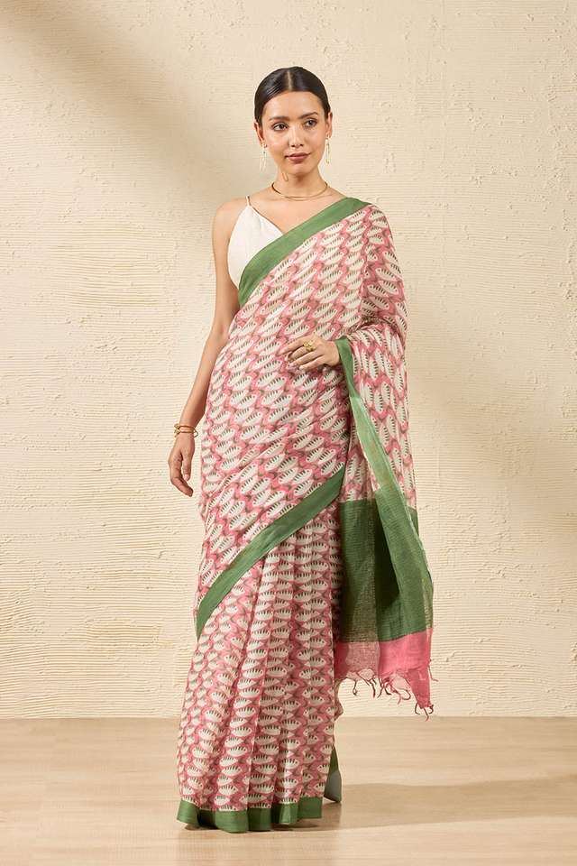 Red Screen Printed Pure Linen Cotton Saree thumbnail image number null