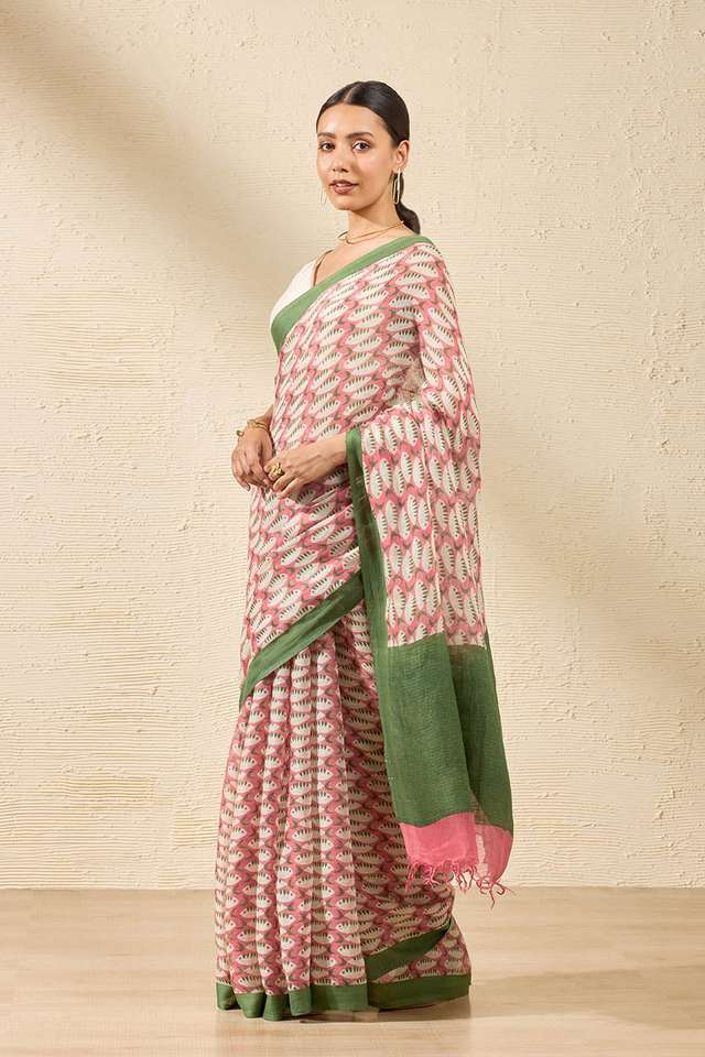 Red Screen Printed Pure Linen Cotton Saree thumbnail image number null
