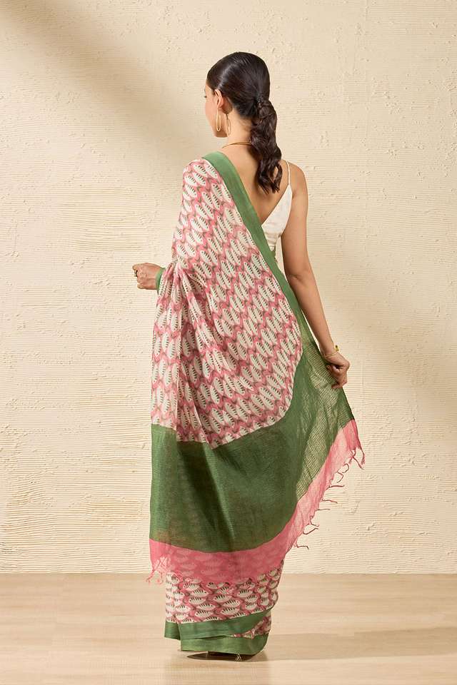 Red Screen Printed Pure Linen Cotton Saree thumbnail image number null