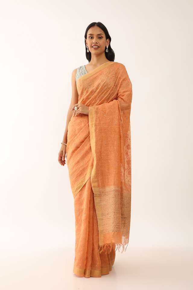 Orange Bhagalpur Pure Silk Linen Embroidered Saree image number