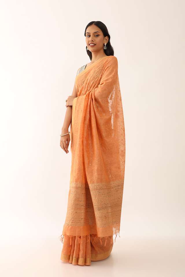 Orange Bhagalpur Pure Silk Linen Embroidered Saree thumbnail image number null